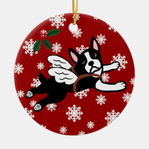 Boston Terrier Angel Cartoon Snowflakes Ceramic Tree Decoration