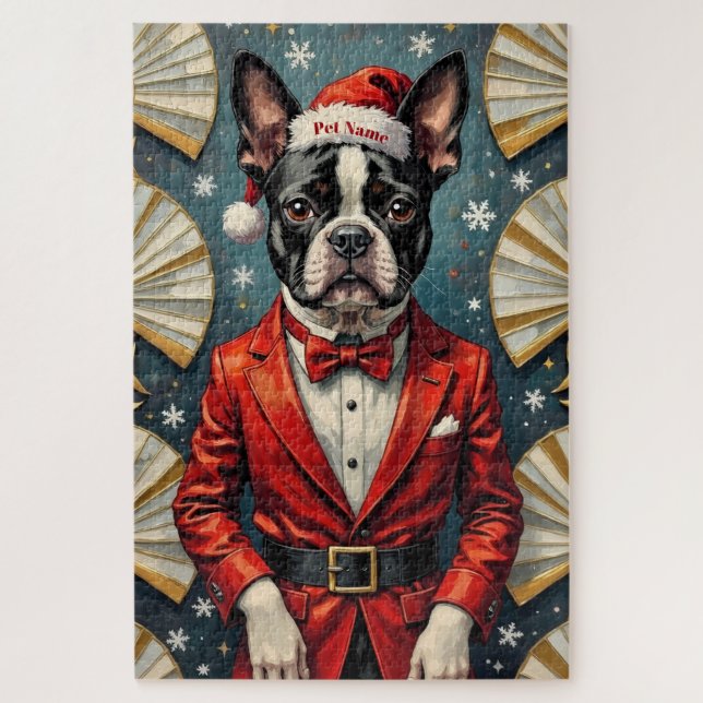 Boston Terrier Art Deco Christmas Tuxedo Hat Jigsaw Puzzle (Vertical)