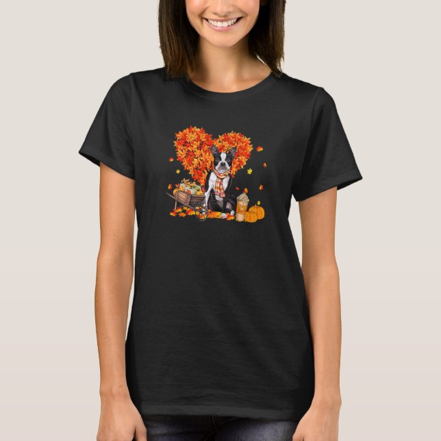 Boston Terrier Autumn Tree Fall Leaves Pumpkin Dog T-Shirt (Front)