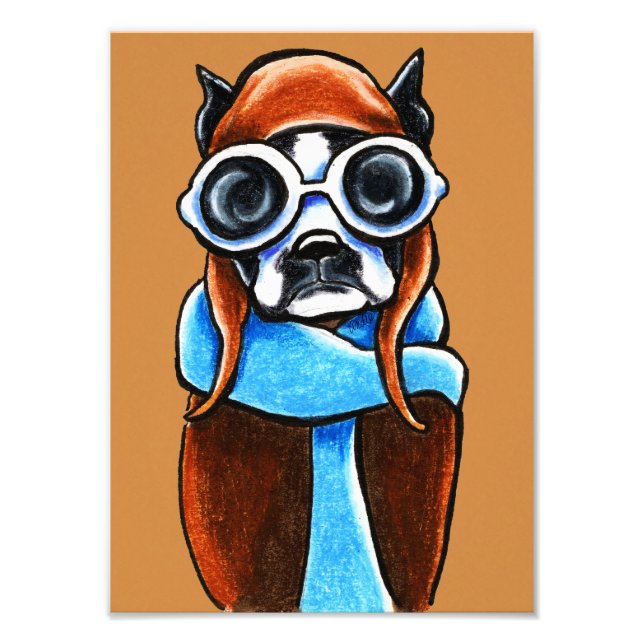 Boston Terrier Aviator Ink Pencil Drawing Photo Print (Front)