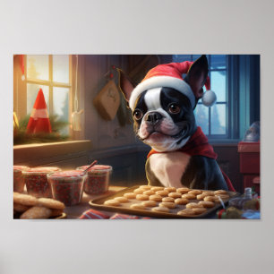 Boston Terrier Baking Christmas Cookies Poster