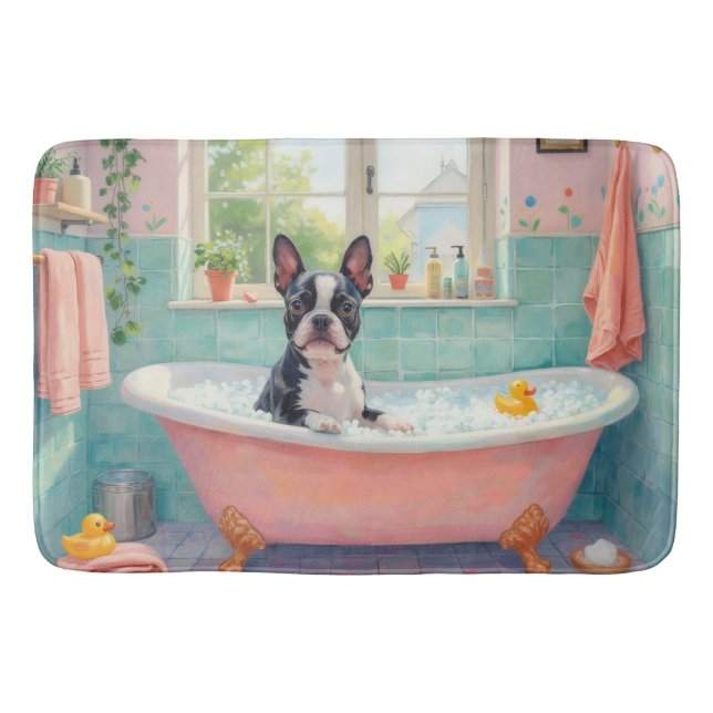 Boston Terrier Bath Time Cute Bathroom Decor Mat (Front)