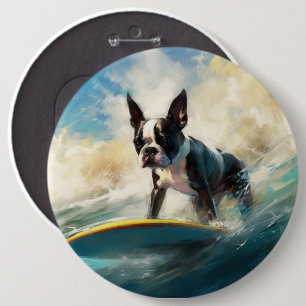 Boston Terrier Beach Surfing Painting  6 Cm Round Badge