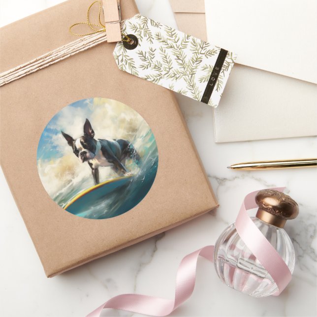 Boston Terrier Beach Surfing Painting  Classic Round Sticker (Gifting)