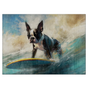 Boston Terrier Beach Surfing Painting Cutting Board