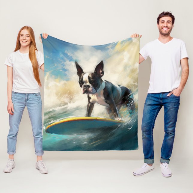 Boston Terrier Beach Surfing Painting  Fleece Blanket (In Situ)