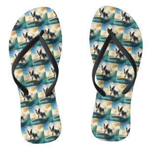 Boston Terrier Beach Surfing Painting  Flip Flops