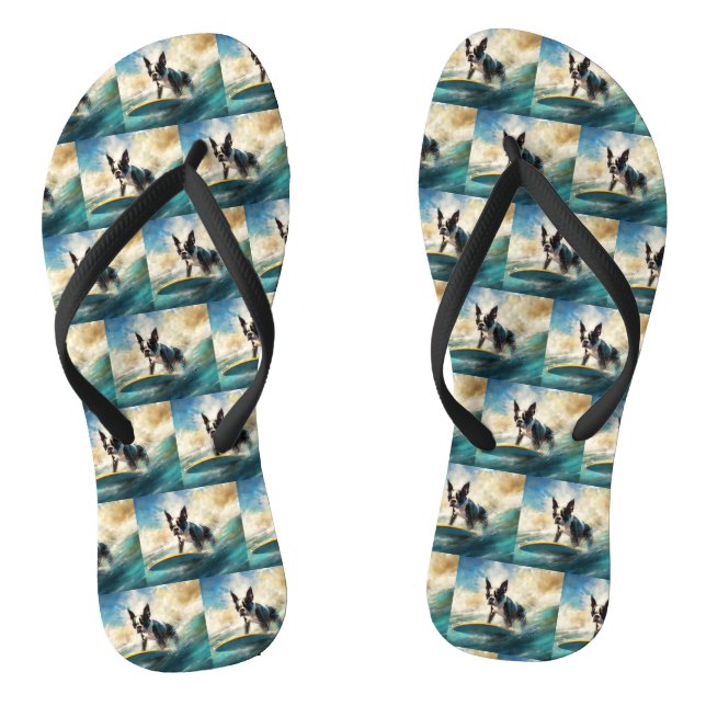 Boston Terrier Beach Surfing Painting  Flip Flops (Footbed)