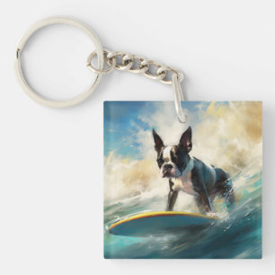 Boston Terrier Beach Surfing Painting  Key Ring