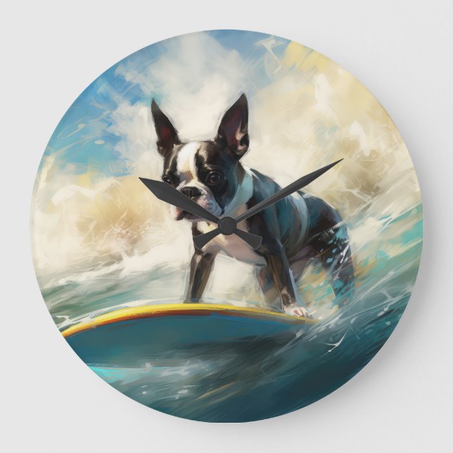 Boston Terrier Beach Surfing Painting  Large Clock (Front)