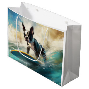 Boston Terrier Beach Surfing Painting  Large Gift Bag