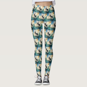 Boston Terrier Beach Surfing Painting Leggings