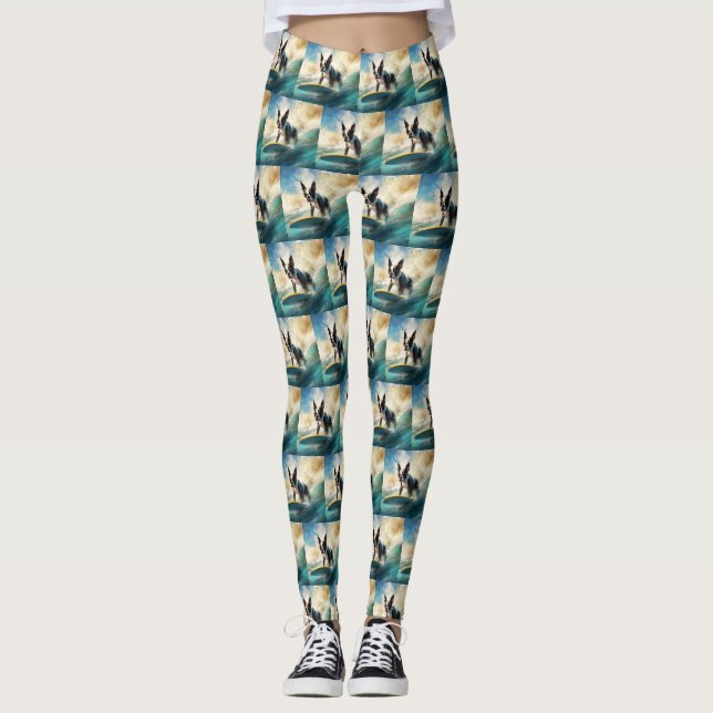 Boston Terrier Beach Surfing Painting  Leggings (Front)