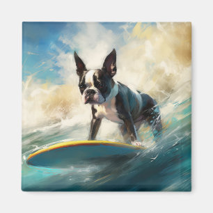 Boston Terrier Beach Surfing Painting Magnet