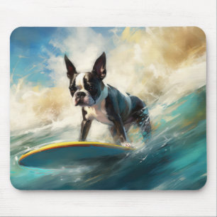 Boston Terrier Beach Surfing Painting  Mouse Mat