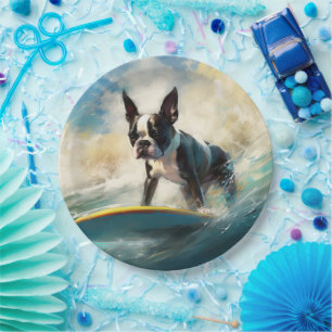 Boston Terrier Beach Surfing Painting  Paper Plate
