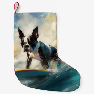 Boston Terrier Beach Surfing Painting Small Christmas Stocking