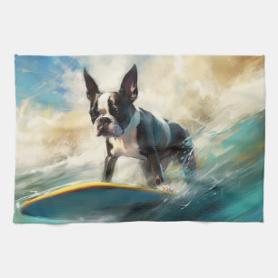 Boston Terrier Beach Surfing Painting  Tea Towel