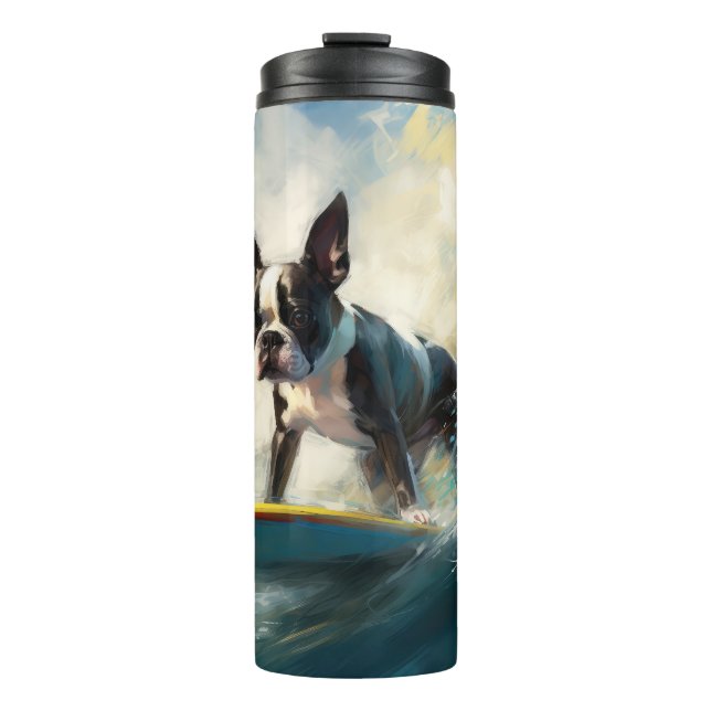 Boston Terrier Beach Surfing Painting  Thermal Tumbler (Front)
