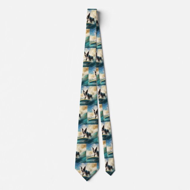 Boston Terrier Beach Surfing Painting  Tie (Front)
