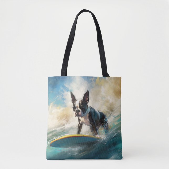 Boston Terrier Beach Surfing Painting  Tote Bag (Front)
