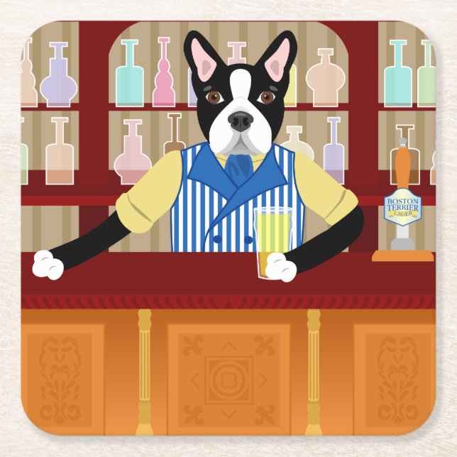 Boston Terrier Beer Pub Square Paper Coaster (Front)