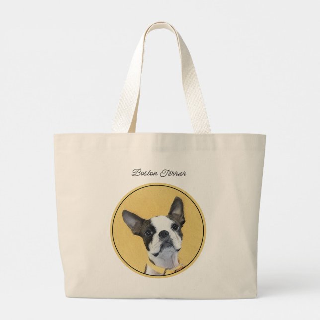 Boston Terrier Black and White Painting Dog Art Large Tote Bag (Back)