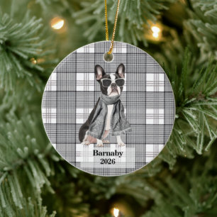 Boston Terrier Black White Plaid Personalised Dog Ceramic Tree Decoration