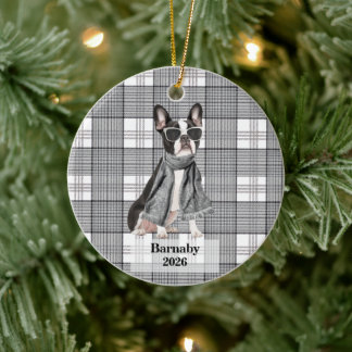 Boston Terrier Black White Plaid Personalised Dog Ceramic Tree Decoration