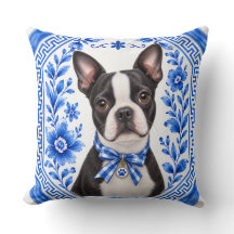 Boston Terrier Blue Chinoiserie Floral Throw