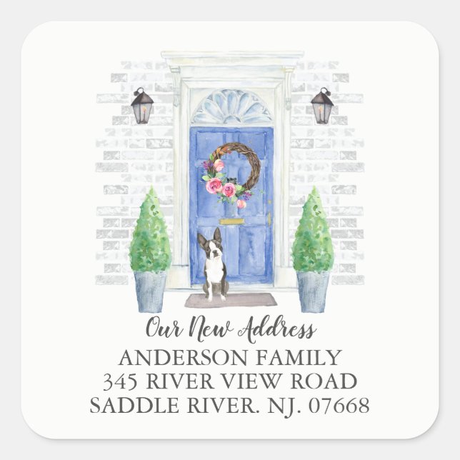 Boston Terrier Blue Door New Address Label Sticker (Front)