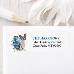 Boston Terrier Blue Floral Return Address