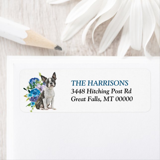 Boston Terrier Blue Floral Return Address (Insitu)