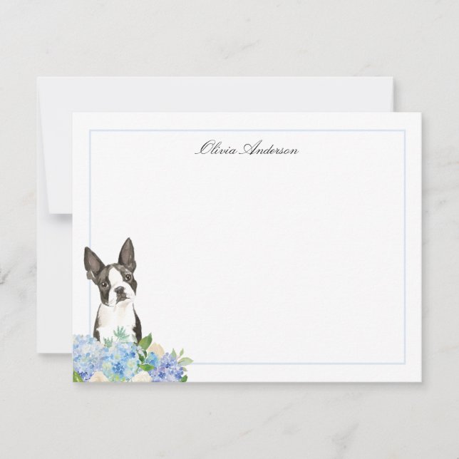Boston Terrier Blue Hydrangea Personalised Card (Front)