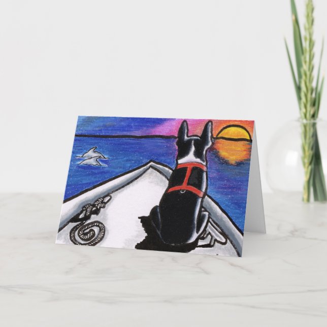 Boston Terrier Boat Sunset Custom Card (Front)