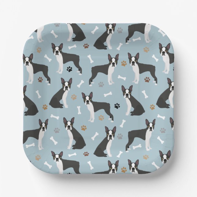 Boston Terrier Bones and Paws Paper Plate (Front)