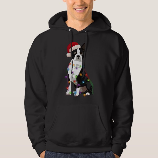 Boston Terrier Bostie Christmas Lights Xmas Dog Lo Hoodie (Front)