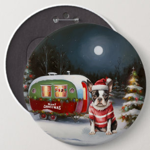 Boston Terrier Caravan Christmas Adventure  6 Cm Round Badge