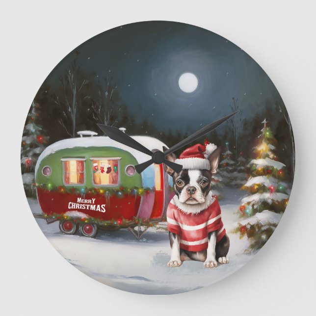 Boston Terrier Caravan Christmas Adventure  Large Clock (Front)