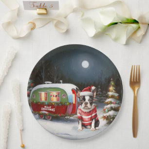 Boston Terrier Caravan Christmas Adventure Paper Plate