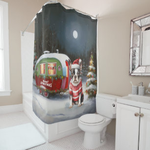 Boston Terrier Caravan Christmas Adventure  Shower Curtain