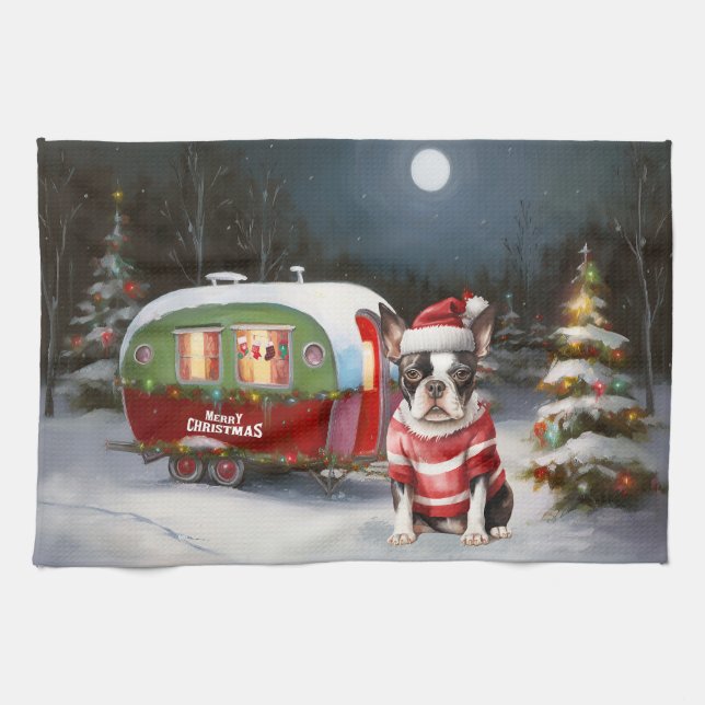 Boston Terrier Caravan Christmas Adventure  Tea Towel (Horizontal)