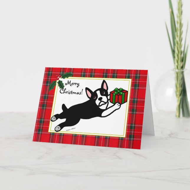 Boston Terrier Cartoon Tartan Christmas Cards (Front)
