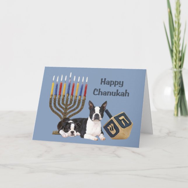 Boston Terrier Chanukah Card Menorah Dreidel1 (Front)