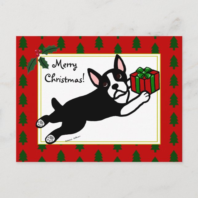 Boston Terrier Christmas 2 Cartoon Holiday Postcard (Front)
