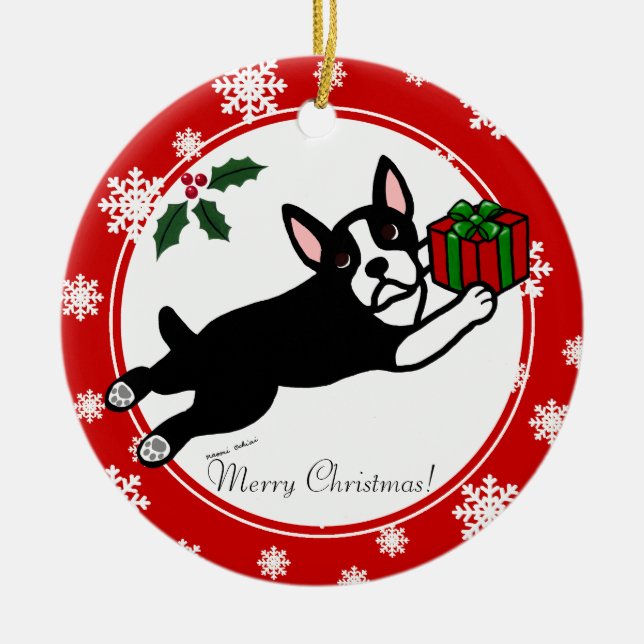 Boston Terrier Christmas 2 Cartoon Snowflakes Ceramic Tree Decoration (Front)
