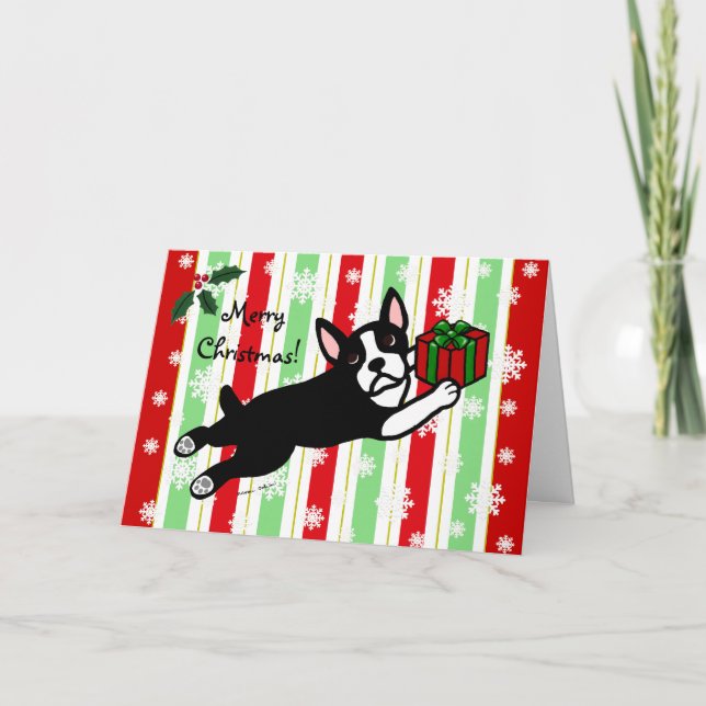 Boston Terrier Christmas 2 Cartoon Snowflakes Holiday Card (Front)