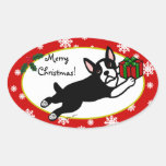 Boston Terrier Christmas 2 Cartoon Snowflakes Oval Sticker