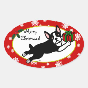 Boston Terrier Christmas 2 Cartoon Snowflakes Oval Sticker