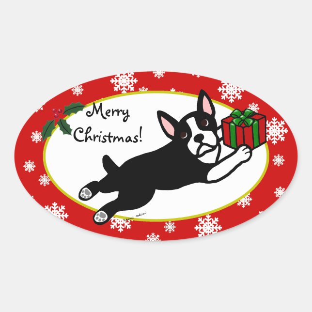 Boston Terrier Christmas 2 Cartoon Snowflakes Oval Sticker (Front)